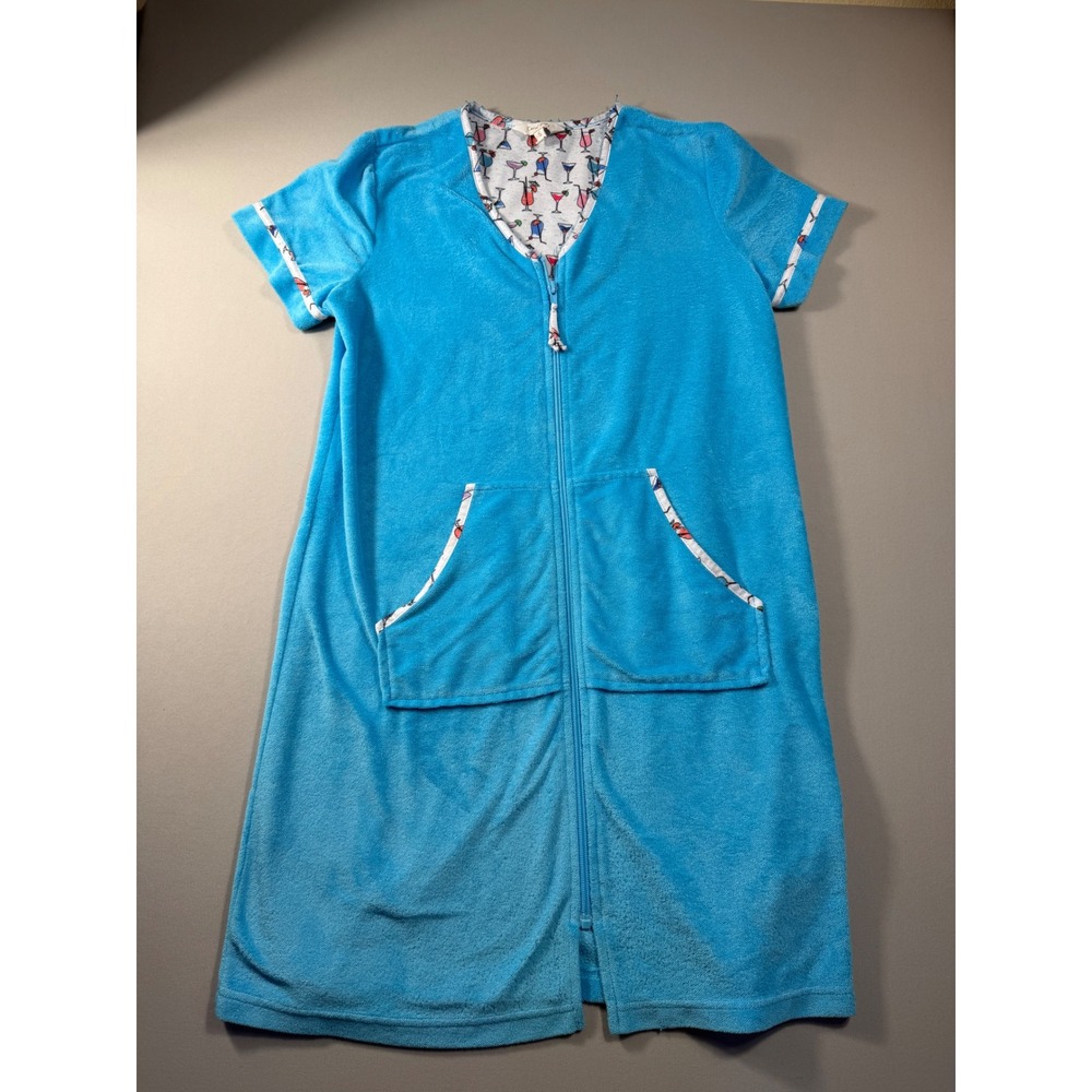 Coral Bay Womens Blue Terry Cloth Zip Up Swim Cover Up Cocktail Print Small